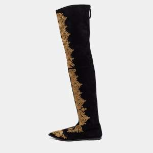 Pre Owned Etro Black Suede Paisley Embroidered Thigh-High Boots  Size 38