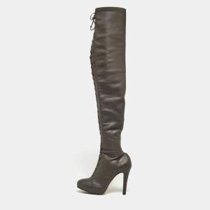 Pre Owned Etro Grey Leather Lace Up Thigh High Boots Size 39