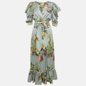 Pre Owned   Eugenia Fernandez Sage Green Printed Satin Palma Maxi Dress XS