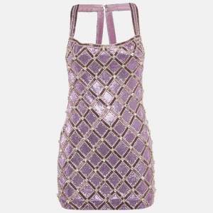 مملوكة مسبقًا Farda Purple Metallic Embroidered Back Drape Detail Mini Dress XXS