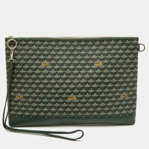 Faure Le Page Green Coated Canvas and Leather Wristlet Clutch