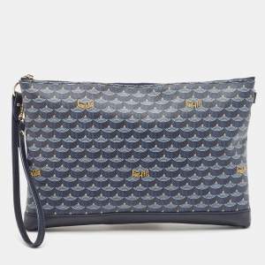 Faure Le Page Navy Blue Coated Canvas and Leather Wristlet Clutch