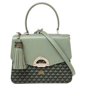 Faure Le Page Green Coated Canvas and Leather Parade Top Handle Bag