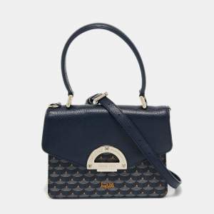 Faure Le Page Navy Blue Coated Canvas and Leather Parade Top Handle Bag 