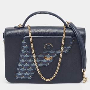 Fauré Le Page Navy Blue Leather and Coated Canvas Calibre 21 Top Handle Bag