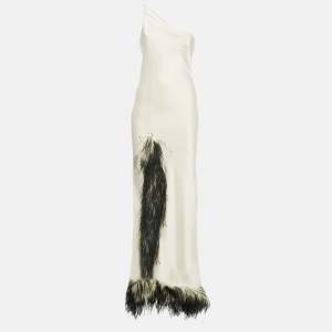 Femme Fatale Off-White Satin Feather Trimmed Sleeveless Asymmetric Maxi Dress S