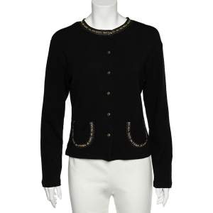 Fendi Jeans Black Wool Knit Logo Trim Detail Button Front Cardigan L
