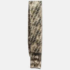 Pre Owned Fendi Green Fur and Zucca Print Silk Stole 