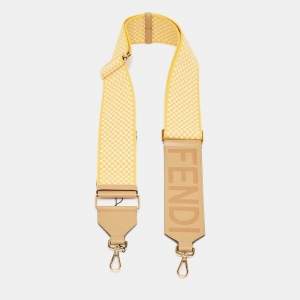 Pre Owned Fendi Yellow/Tan Embroidered Canvas and Leather Strap You Shoulder Bag Strap