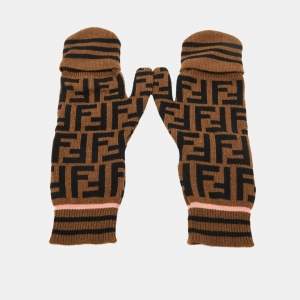 Fendi Brown FF Logo Cashmere & Wool Knit Mittens