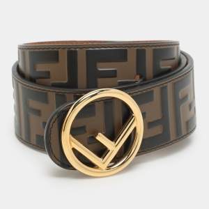 Fendi Brown Zucca Embossed Leather F Logo Round Buckle Belt 75CM