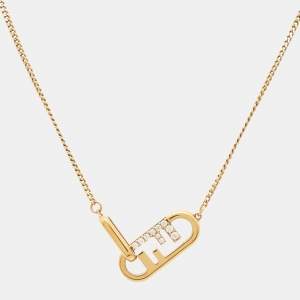 Pre Owned Fendi O'Lock Crystals Gold Tone Necklace 