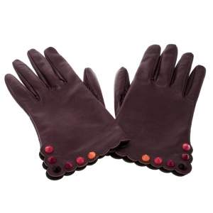 Pre Owned Fendi Burgundy Leather Studded Gloves Size M