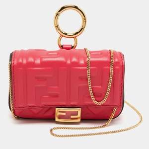 Pre Owned Fendi Pink Zucca Embossed Leather Nano Baguette Charm