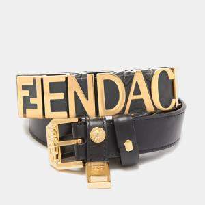 Fendi x Versace Black Leather Logo Letters Buckle Belt 90CM