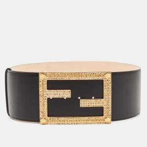 Fendi Black Leather Fendace Crystals Embellished Wide Belt 85CM