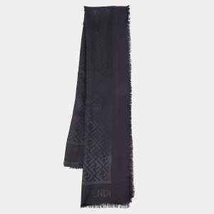 Pre Owned Fendi Black FF Jacquard Silk & Wool Shawl