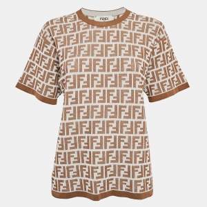 Fendi Brown and White Zucca Logo Print Rib Knit T-Shirt M