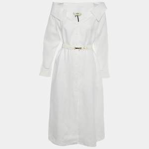Pre Owned Fendi White Linen Belted Shirt Dress XS