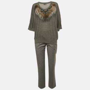 Fendi Grey Fur Trim Cashmere and Wool Knit Top and Pants Set S 