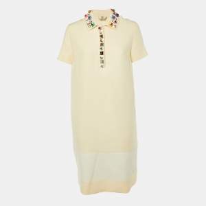Pre Owned Fendi Cream Wool & Leather Embellished Cocktail Dress M