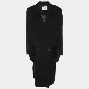 Pre Owned Fendi Black Wool and Fox Fur Double Breasted Midi Coat L