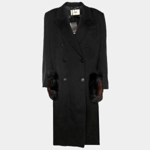 Pre Owned Fendi Black Wool and Fox Fur Trim Double Breasted Midi Coat L