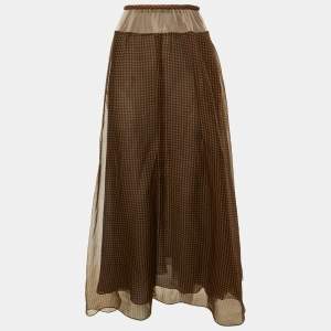 Pre Owned Fendi Brown Check Print Silk Mesh Trim Sheer Maxi Skirt M