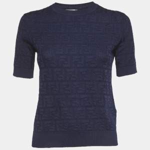 Pre Owned Fendi Blue Monogram Jacquard Jersey Top S