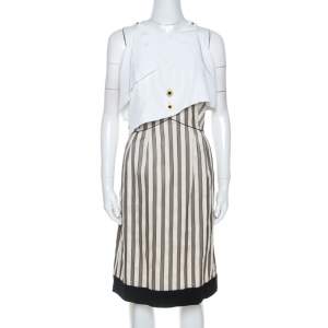 Pre Owned Fendi Cream Striped Silk Blend Cape Detail Dress M
