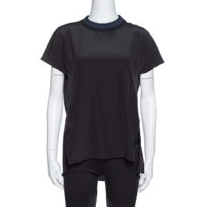 Pre Owned Fendi Black Silk Ribbed Logo Detail Blouse M