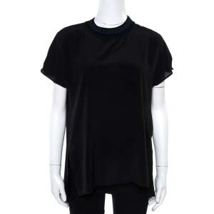 Pre Owned Fendi Black Silk Ribbed Logo Neck Trim Detail Top M
