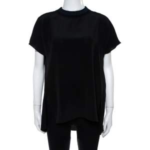 Pre Owned Fendi Black Silk Ribbed Logo Neck Trim Detail Top M