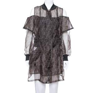Pre Owned Fendi Black & Brown Organza Zucca Monogram Sheer Cold Shoulder Jacket M
