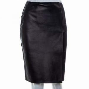 مملوكة مسبقًا Fendi Black Leather & Knit Slit Detail Knee Length Skirt S