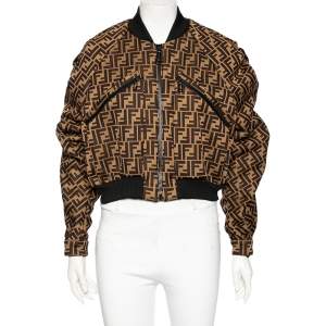 Pre Owned Fendi Brown Zucca Monogram Jacquard Ruched Cropped Bomber Jacket S 