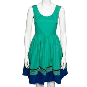 Fendi Green & Blue Paneled Cotton Poplin Sleeveless Flared Dress S