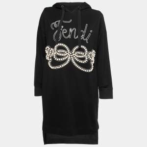 Fendi Black Cotton Logo Embroidered Pearl Long Hoodie S