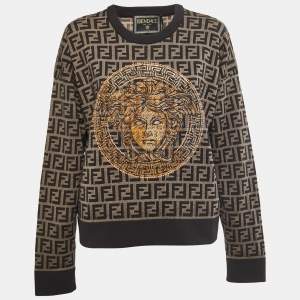 Fendi X Versace Fendace Brown Logo Monogram & Studded Wool Knit Sweatshirt M
