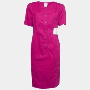 Pre Owned Fendi Vintage Pink Logo Embroidered Cotton Buttoned Midi Dress L