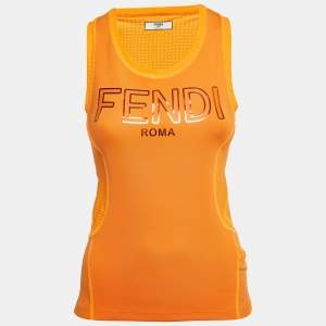 Pre Owned Fendi Orange Logo-Print Nylon Performance Tank Top S
