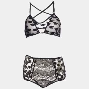 Fendi Black Embroidered Tulle Lingerie Set L