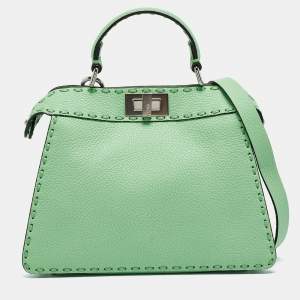 Pre Owned Fendi Green Selleria Leather Small Peekaboo ISeeU Top Handle Bag