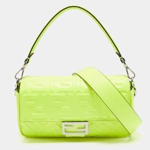 Fendi Neon Green Zucca Embossed Leather Baguette Flap Bag