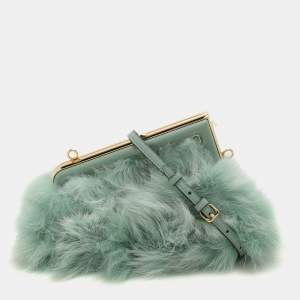 Fendi Green Fox Fur and Leather Small Fendi First Clutch