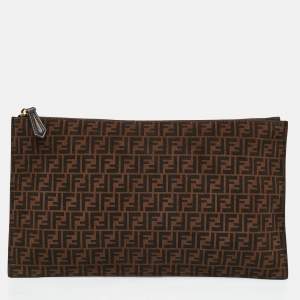 Pre Owned Fendi Tobacco Zucca Suede Flat Zip Pouch