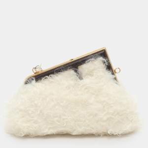 Fendi White Shearling Fur and Leather Fendi First Clutch