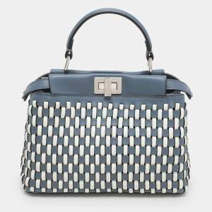 Fendi Blue/White Woven Leather Mini Peekaboo Top Handle Bag