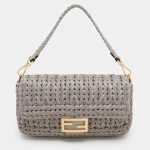 Fendi Grey Raffia and Leather Baguette Bag
