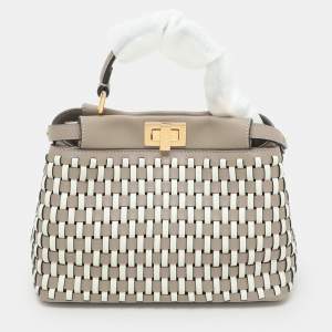 Fendi Toupe/White Woven Leather Mini Peekaboo Top Handle Bag